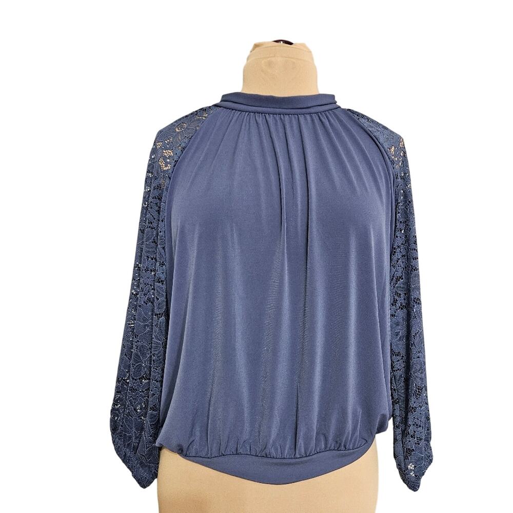 Venus Top Womens‎ XL Blue Lace Sleeve High Pintuck Neck  Tie Back Career Office
